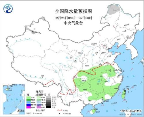 圖3 全國(guó)降水量預(yù)報(bào)圖(12月24日08時(shí)-25日08時(shí))