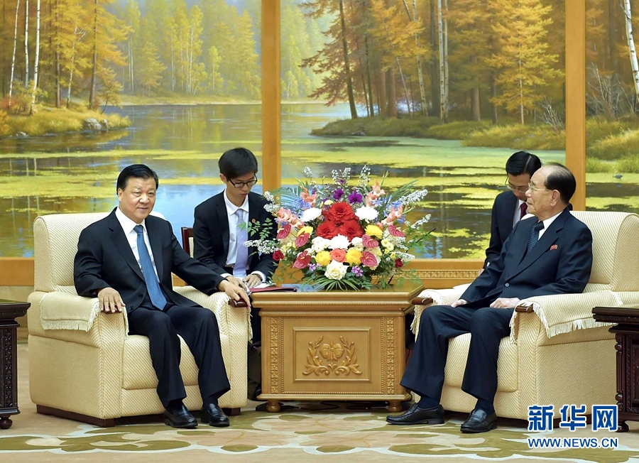 10月10日,，正在朝鮮訪問的中共中央政治局常委,、中央書記處書記劉云山在平壤會見朝鮮勞動黨中央政治局常委、最高人民會議常任委員會委員長金永南,。 新華社記者 李濤 攝